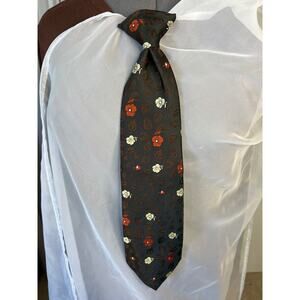vintage clip on tie floral leaves 1970s brown orange cream